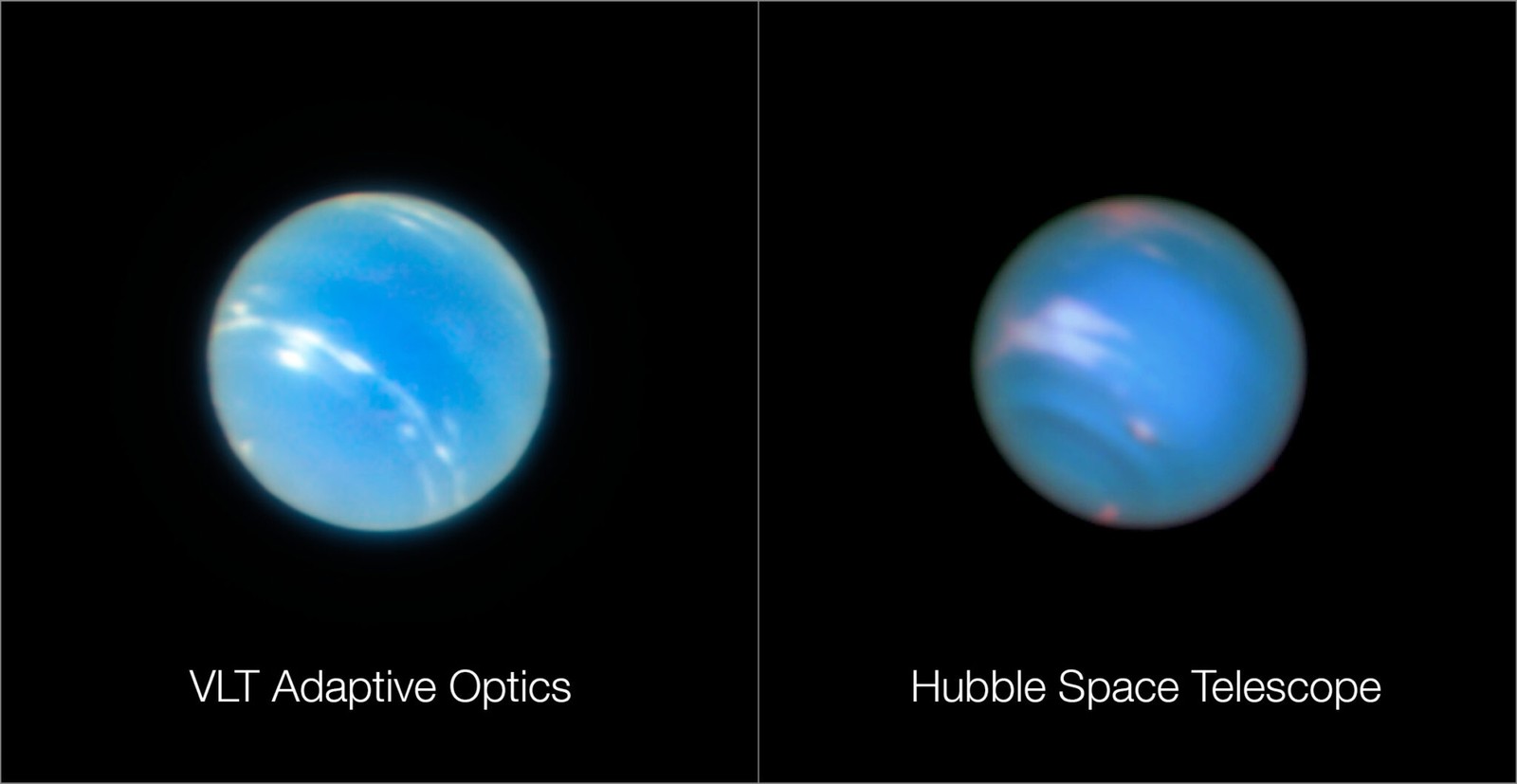 Po lewej zdjęcie Neptuna wykonane instrumentem MUSE VLT ESO, po prawej zdjęcie wykonane przez Kosmiczny Teleskop Hubble&#8217;a

