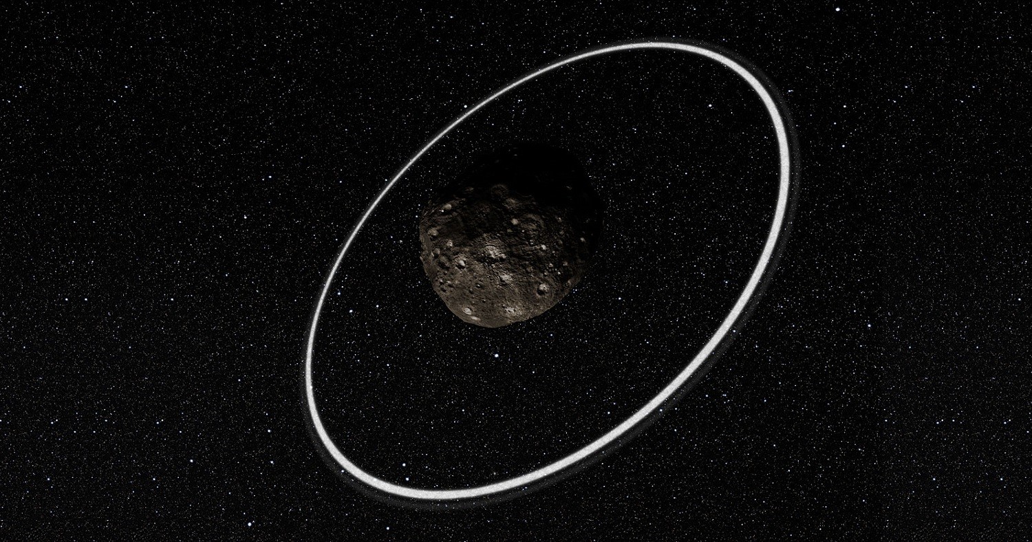Observations at many sites in South America, including ESO’s La Silla Observatory, have made the surprise discovery that the remote asteroid Chariklo is surrounded by two dense and narrow rings. This is the smallest object by far found to have rings and only the fifth body in the Solar System — after the much larger planets Jupiter, Saturn, Uranus and Neptune — to have this feature. The origin of these rings remains a mystery, but they may be the result of a collision that created a disc of debris. This artist’s impression shows a close-up of what the rings might look like.
