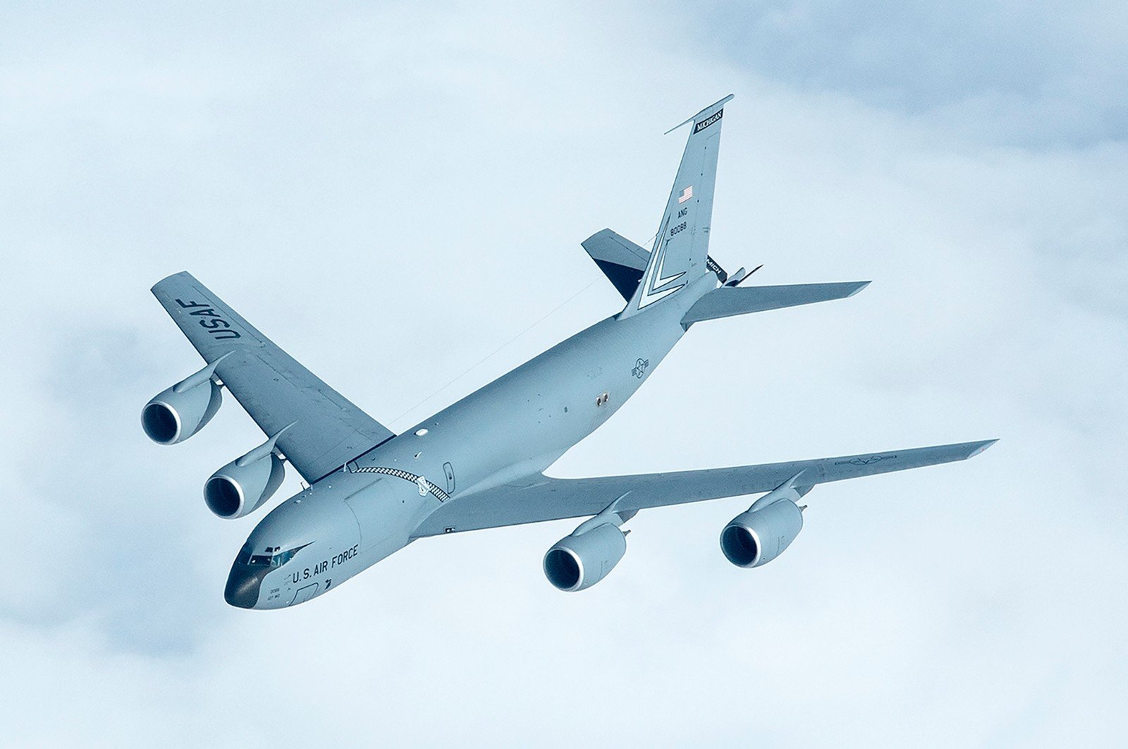 A Michigan Air National Guard KC-135T from the 171st Air Refueling Squadron at Selfridge ANG Base in flight on a refueling mission over central United States. The KC-135 is used for refueling other aircraft in mid-air across the globe. It has a secondary mission as a transport aircraft, moving personnel and equipment. To learn more about Selfridge and to walk inside the KC-135 Stratotanker yourself, visit the Selfridge International Open House and Air Show June 6 &amp; 7. (U.S. Air National Guard photo by Munnaf Joarder)
