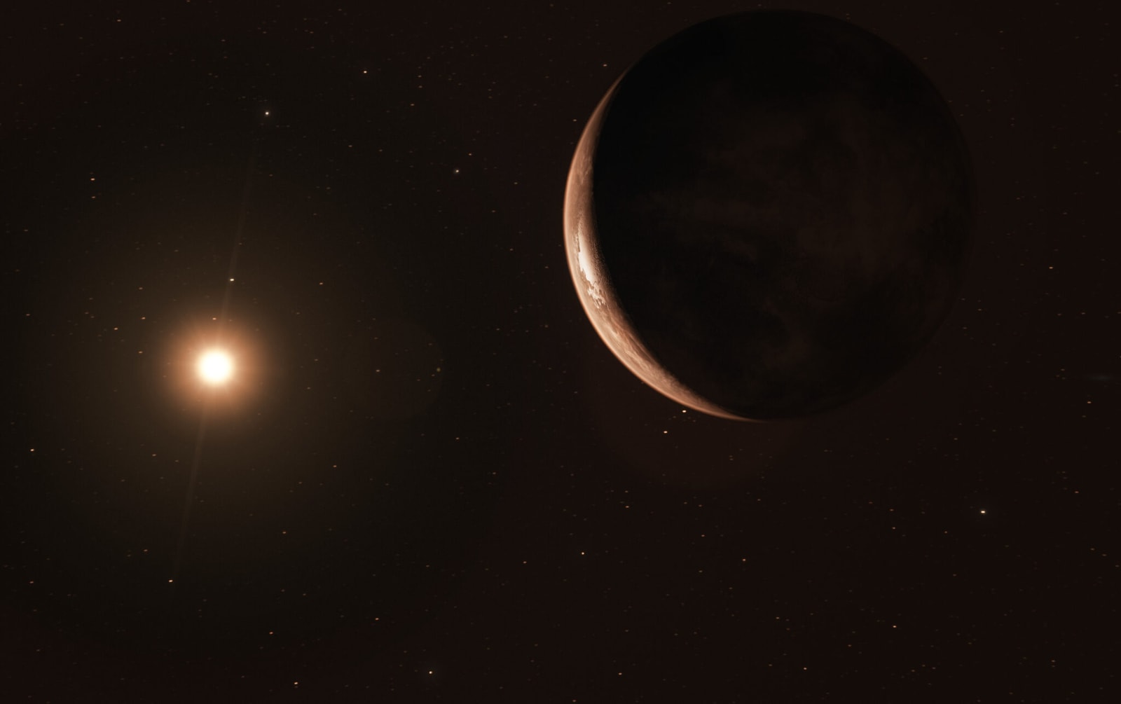 The nearest single star to the Sun hosts an exoplanet at least 3.2 times as massive as Earth — a so-called super-Earth. Data from a worldwide array of telescopes, including ESO’s planet-hunting HARPS instrument, have revealed this frozen, dimly lit world. The newly discovered planet is the second-closest known exoplanet to the Earth and orbits the fastest moving star in the night sky.. This image shows an artist’s impression of the exoplanet viewed from space.